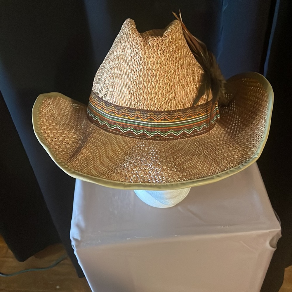 Tan Brown Straw Cowboy Hat with Flexible Brim Feather Accent EUC M/L